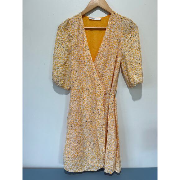 Samsoe Samsoe Golden Aster dress womens size XXS wrap yellow floral knee length - Picture 1 of 8